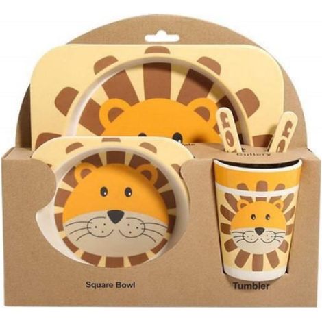 Kindergeschirr-set – Bambusfaser – Gelbes Löwenmotiv – 5-teilig: Teller, Tasse, Schüssel, Löffel, Gabel