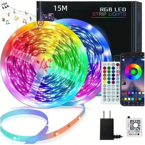 Led-streifen – 15 M – Rgb – Bluetooth-app- Und Fernbedienungssteuerung – Mehrfarbig