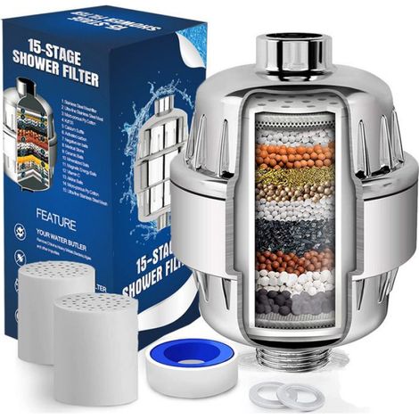 Duschfilter – 15 Filterstufen Mit Vitamin C – Kompatibel Mit Allen Duschköpfen – Hoher Durchfluss – 2 Filterkartuschen