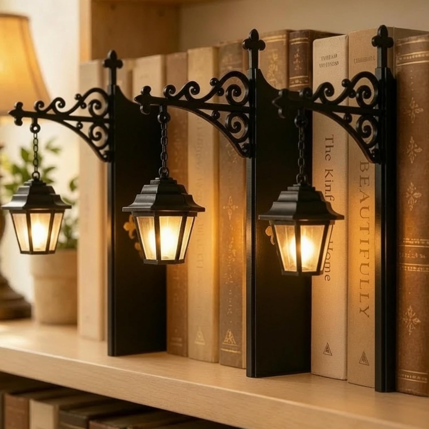 Laternenförmige Bibliotheksleuchte (1/2/3-teilig), Warmweiße Led-eckbeleuchtung, Dekorative Buchstützen Aus Metall Im Vintage-stil Für Leseecke Und Bibliothek