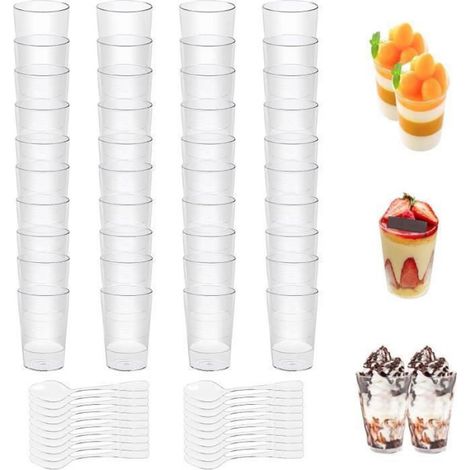 Dessertbecher - 90 Ml - Transparent - Wiederverwendbar - 50 Stück Mit Löffeln