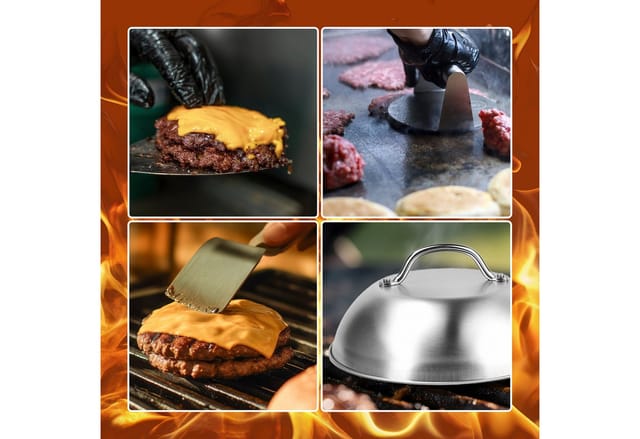 Relaxdays Smash Burger Set, 3-teilig, Burgerpresse mit Schmelzglocke & Grillspachtel, Patty Maker, Edelstahl, silber