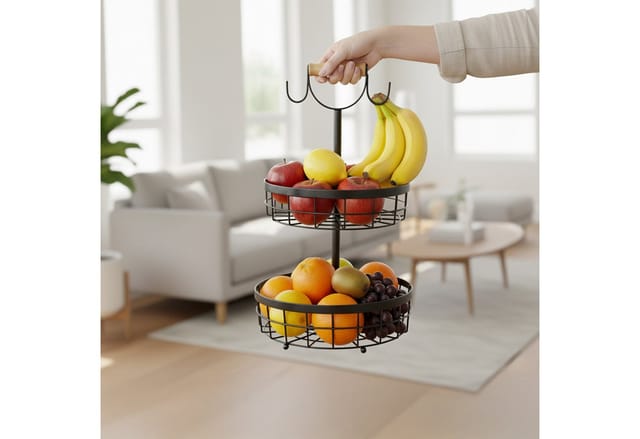 Relaxdays Obstkorb Etagere 2-stöckig, Obstschale für die Küche, moderner Metallkorb für Obst und Gemüse, Metall, schwarz