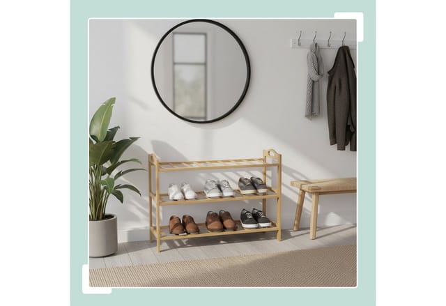 Relaxdays Schuhregal, HxBxT: 48 x 70 x 25 cm, Bambus, 3 Ebenen, für 9 Paar Schuhe, Schuhständer mit Gitterablagen, natur