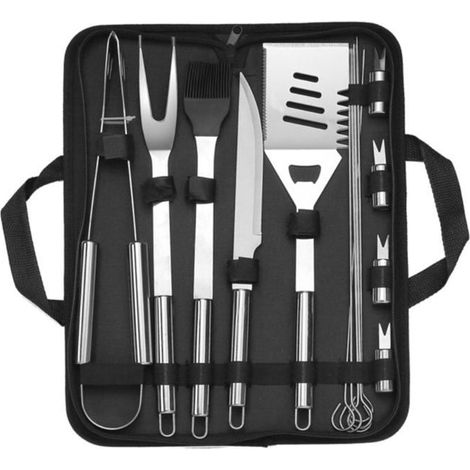 10-teiliges Grillzubehör-set Aus Edelstahl Mit Praktischer Aufbewahrungstasche, Ideal Für Camping Und In Verschiedenen Farben Erhältlich. Großformatig.