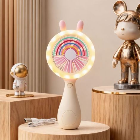 Mini-led-ventilator Mit Beleuchtung – Usb-aufladbar – Tragbar – Niedliches Design – Geeignet Für Kinder – Weißer Hasen-led-ventilator