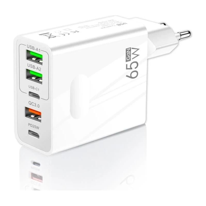 3-sterne-usb-ladegerät Mit 65 W Und 5 Anschlüssen: 2 Usb-c + 3 Usb-a, Qc 3.0 Schnellladung, Kompatibel Mit Mehreren Usb-anschlüssen