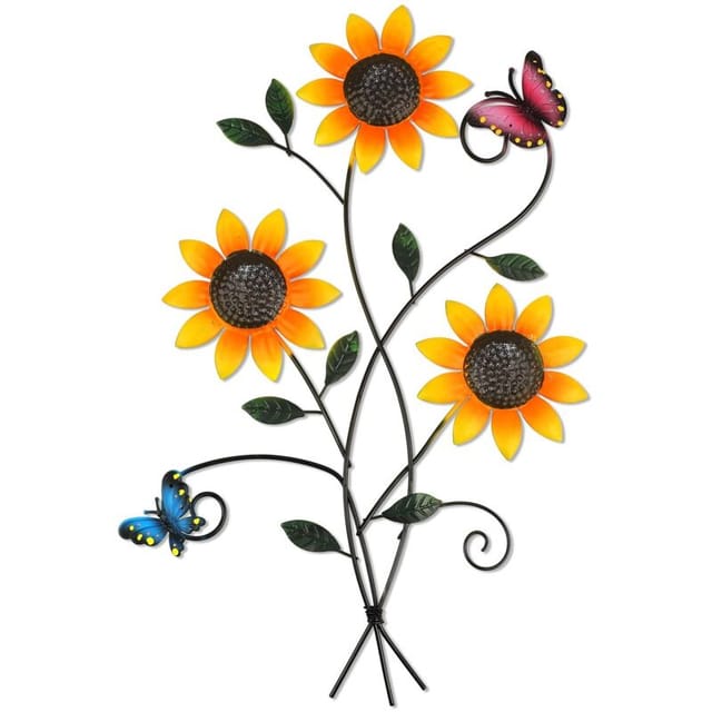 Metallene Wanddekoration Mit Sonnenblumen- Und Schmetterlingsmotiv, Ideal Zur Dekoration Von Garten, Wohnzimmer, Schlafzimmer Oder Terrasse.