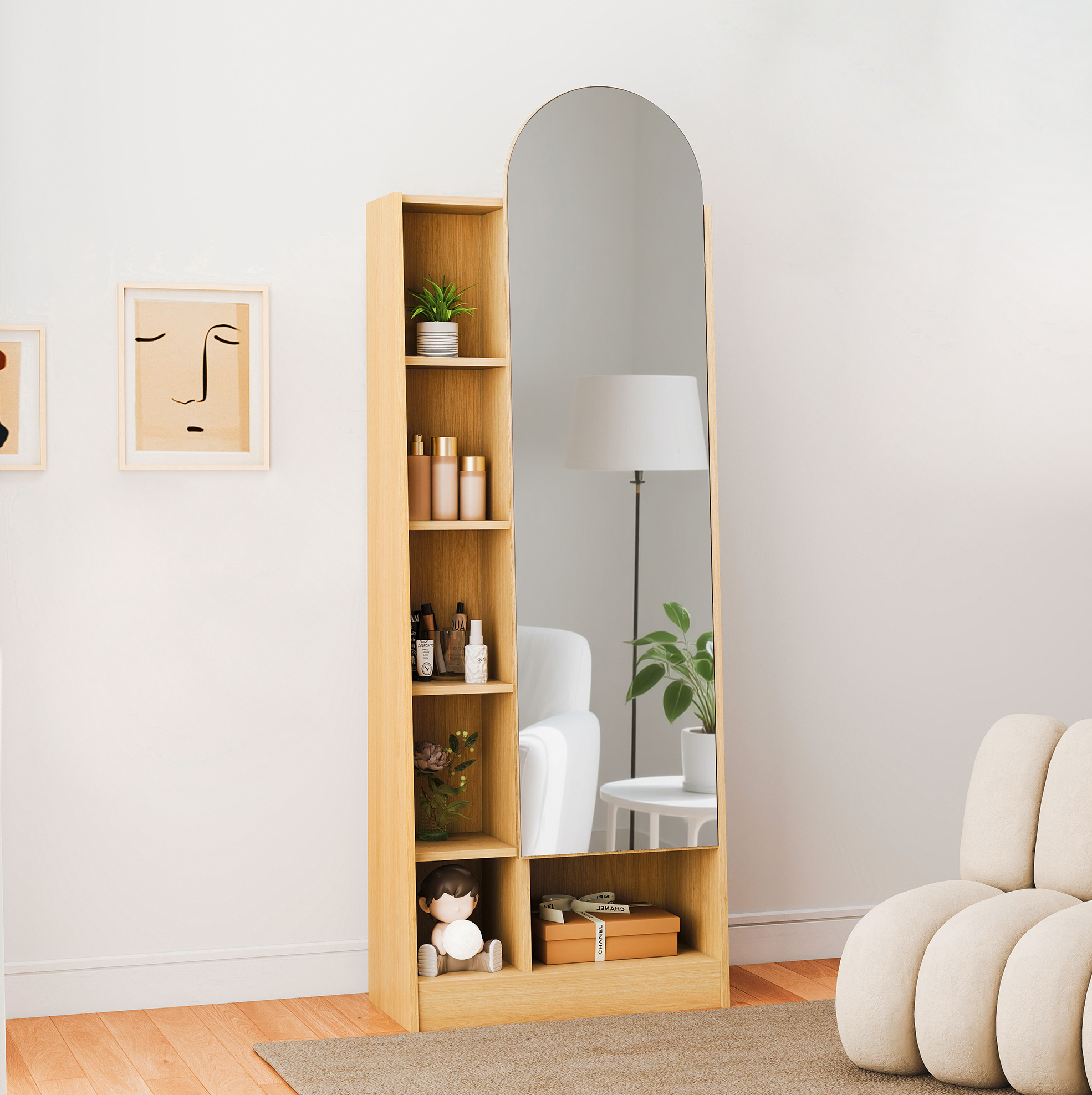 Spiegelsäule 60x28x165 Cm, Natur, Verstellbare Einlegeböden, Mdf, Meubliv