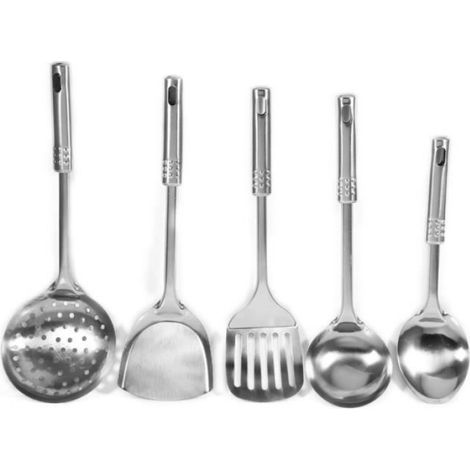 Küchenutensilien-set – 5-teilig, Edelstahl – Löffel, Suppenlöffel, Sieb, Schöpfkelle, Pfannenwender – Für Die Heimische Küche