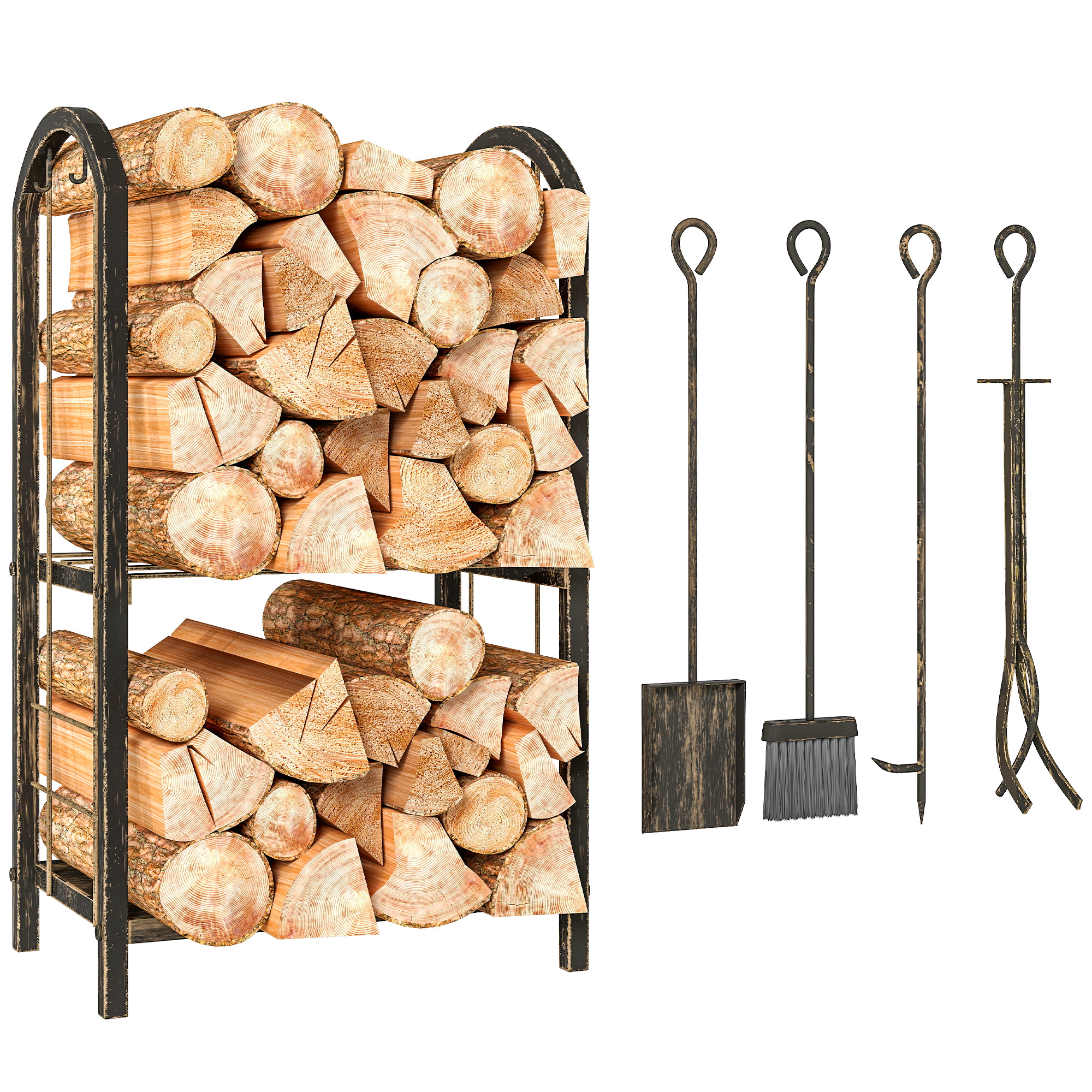 Kaminholzregal Für Innen 43 X 30 X 74cm 2 Ebenen Brennholzregal Mit 4 Kaminwerkzeug-haken
