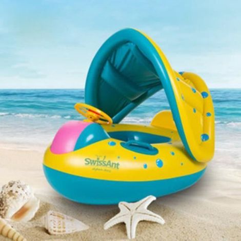 Aufblasbares Schwimmbrett – Mit Integriertem Uv-sonnenschutz – Für Kinder Ab 6 Jahren – Inklusive Steuerrad – Blau Und Gelb – 72 X 58 Cm