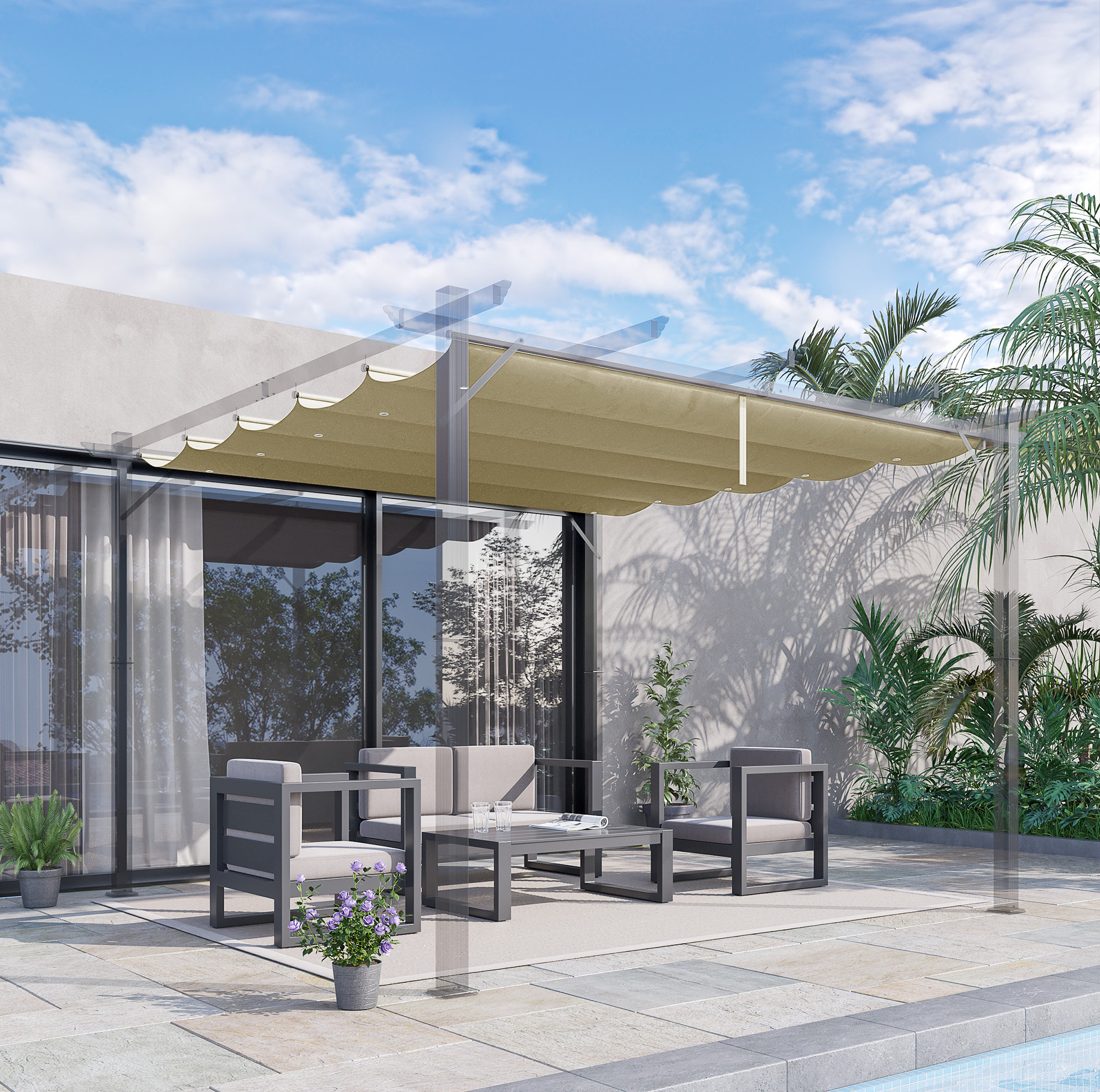 Ersatz-pergola-dach 250 X 255 Cm, Wasserdicht, Einziehbar, Polyester, Beige Havrya