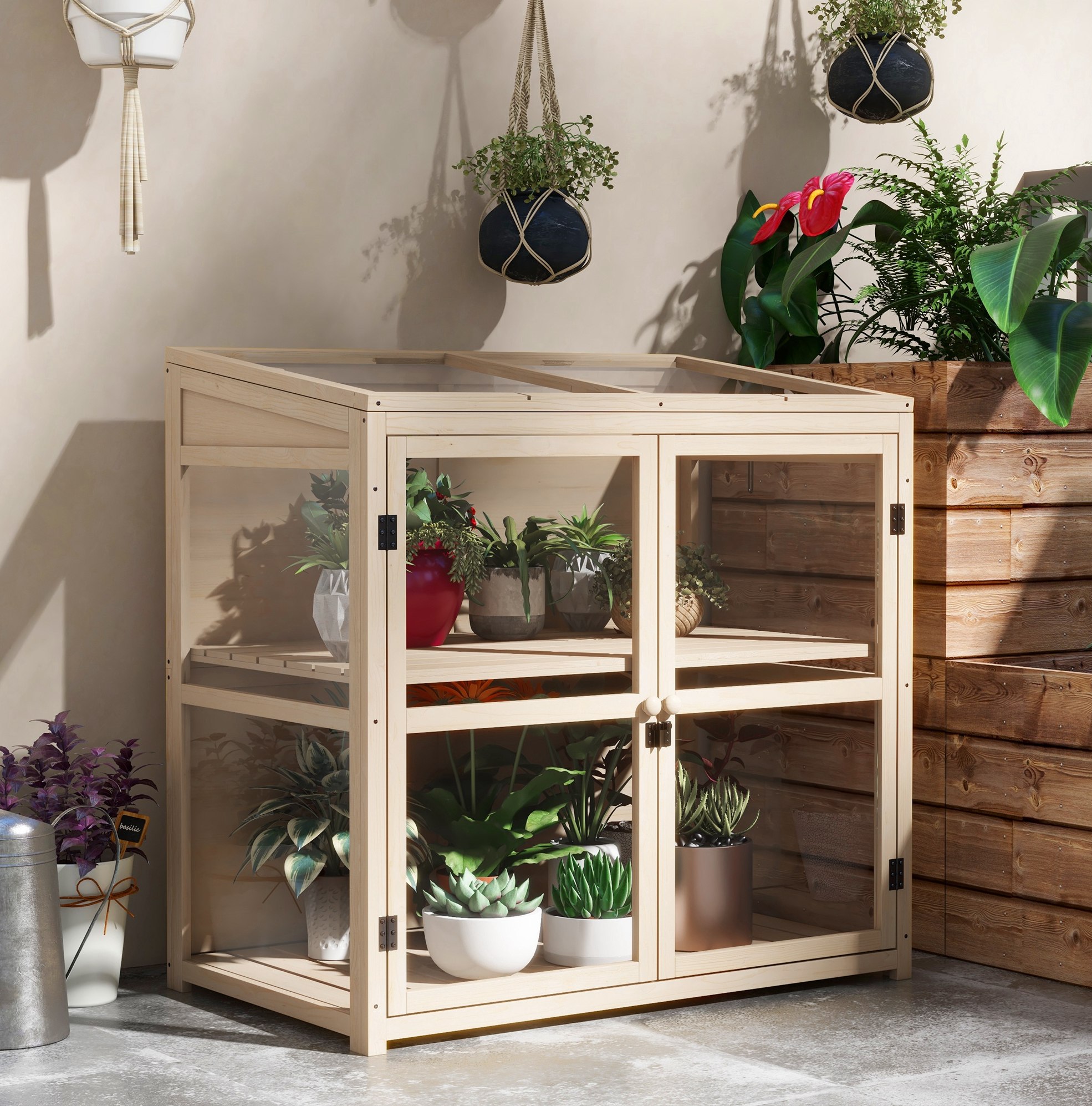Mini-gewächshaus Aus Holz, 2 Ebenen, Doppeltür Und Dachfenster, 103 X 61 X 103 Cm Havrya