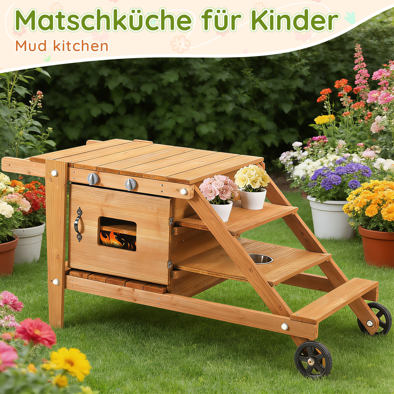 Outdoor-kinderküche Mit Rollen, Matschküche Aus Naturholz Mit Zubehör Havrya