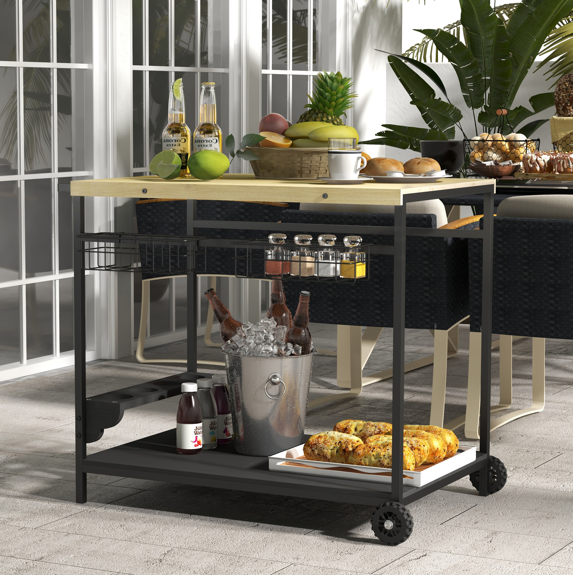 Servierwagen 2 Ebenen 97,5 X 65 X 81 Cm Mit Korb Und Becherhalter Havrya