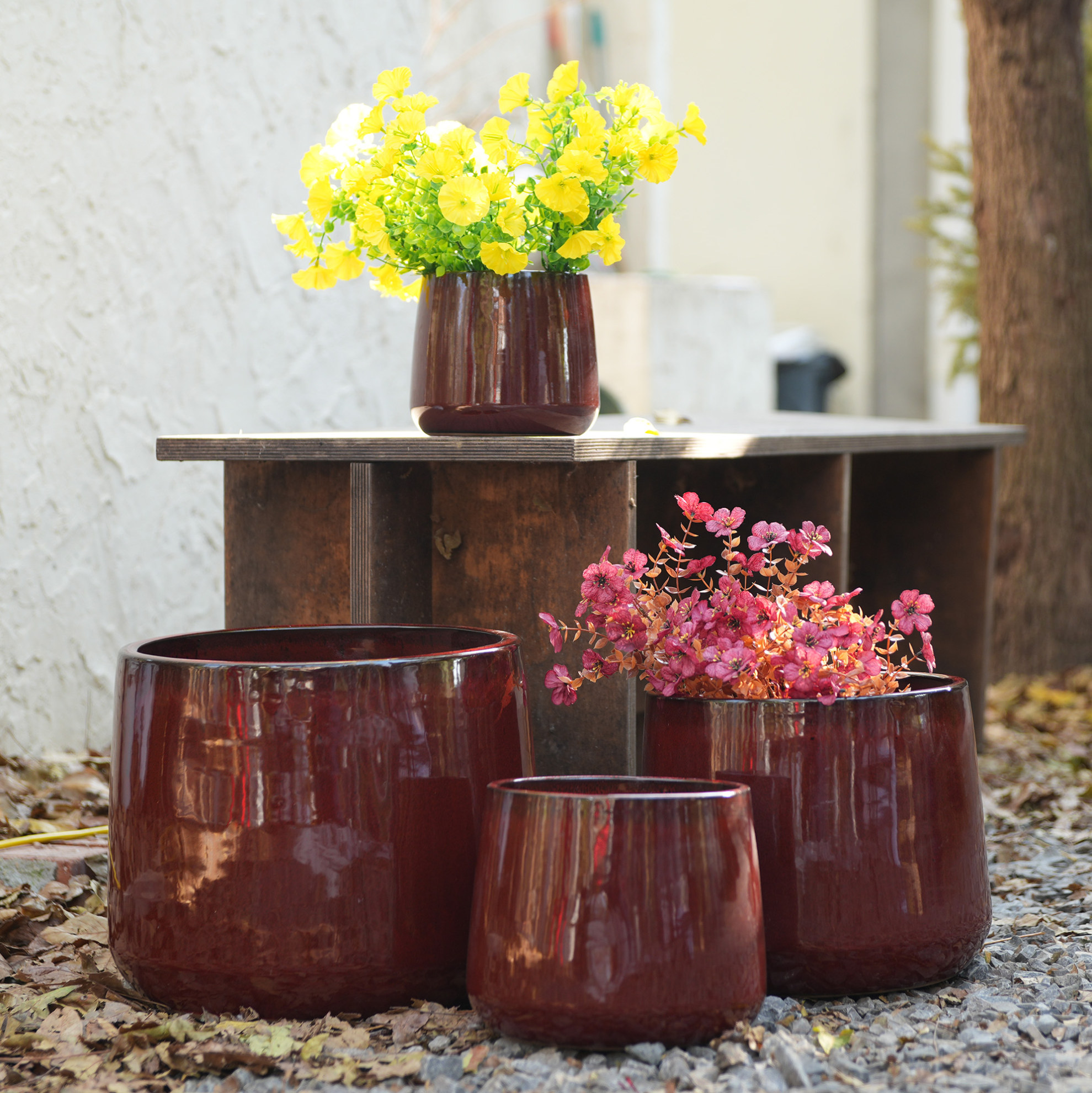 4-teilige Keramik-blumentopf-set, Glänzend Tiefrot, Mit Drainagelöchern Havrya