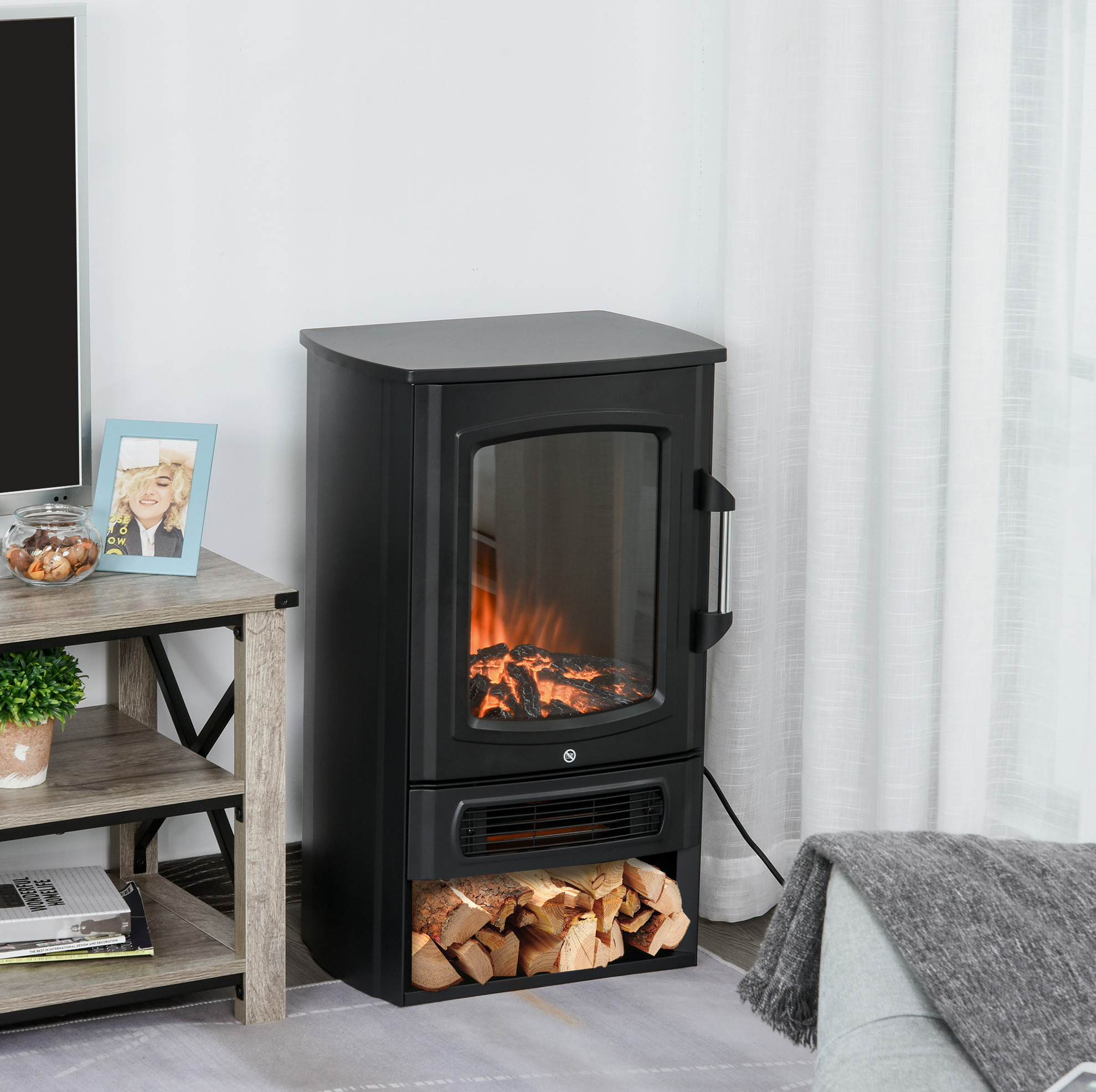 Elektrokamin Freistehend Mit Flammeneffekt, Thermostat, 1000/2000 W, Bis 25 Qm, Schwarz Havrya