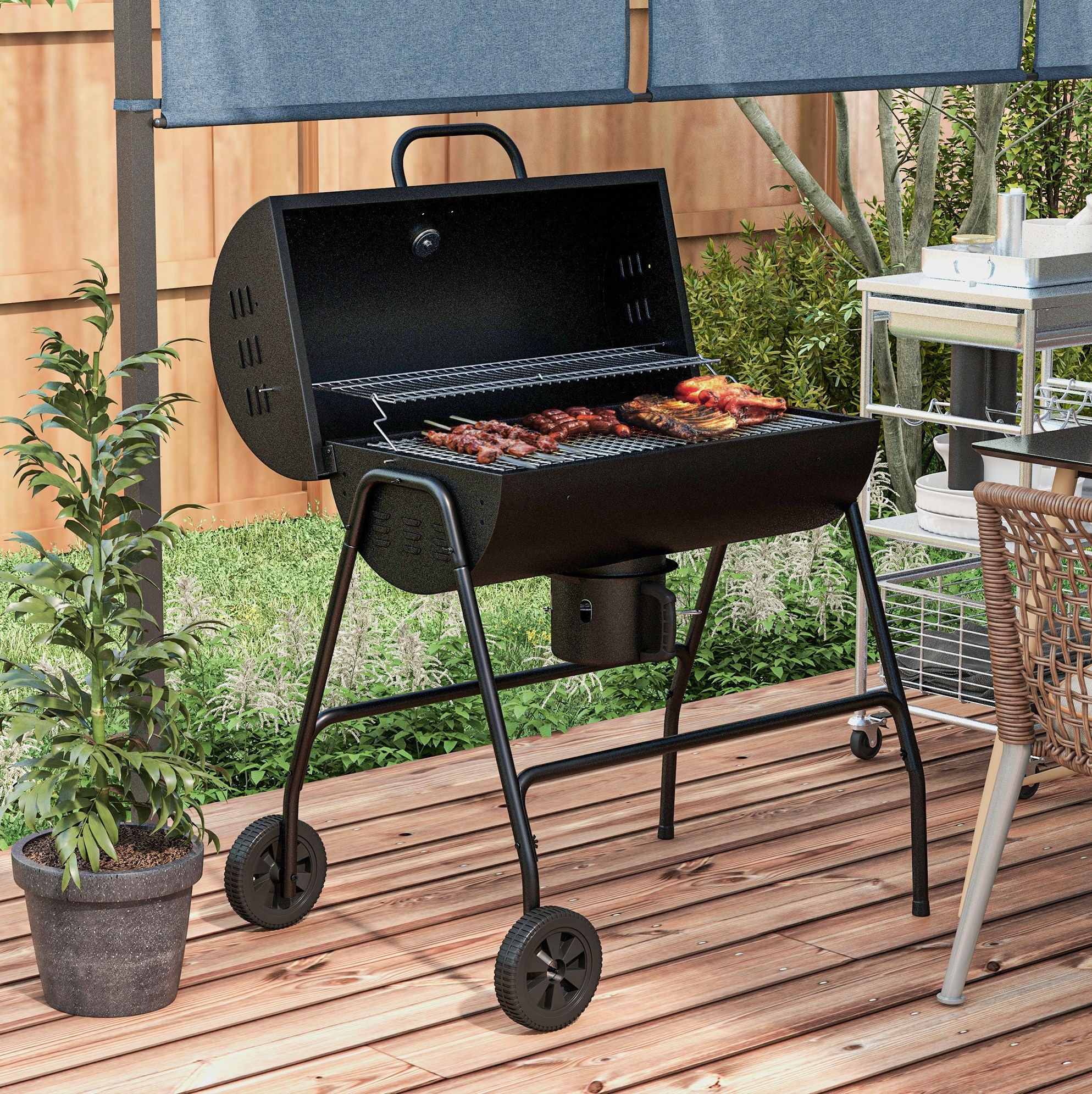Holzkohlegrill Mit Deckel, Thermometer, Rädern Und Ascheauffang, 95 X 71,5 X 102 Cm, Schwarz