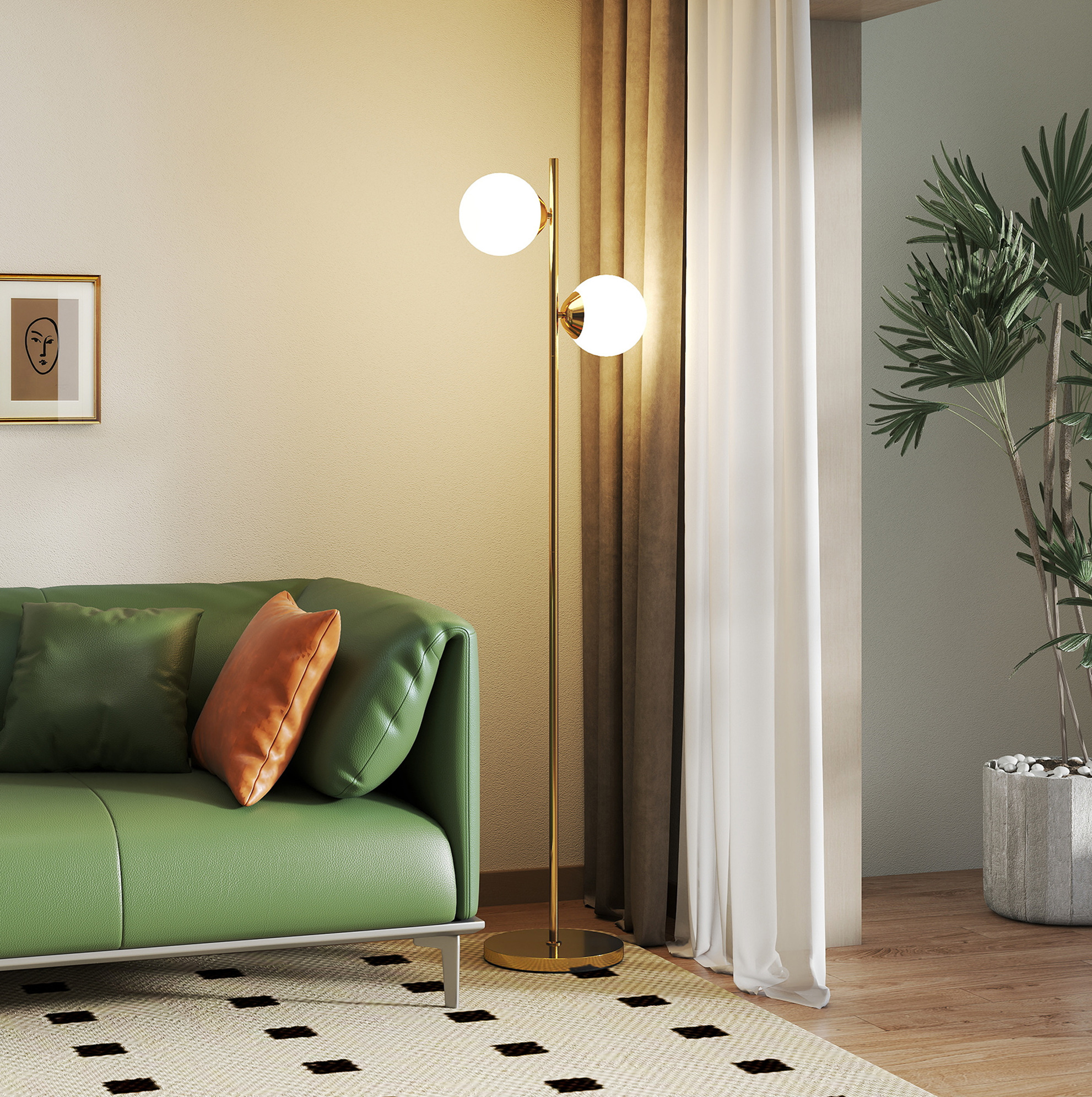 Stehlampe Mit 2 Lichtpunkten Aus Glas, 165 Cm, Stahl Und Glas, Gold Und Weiß Havrya