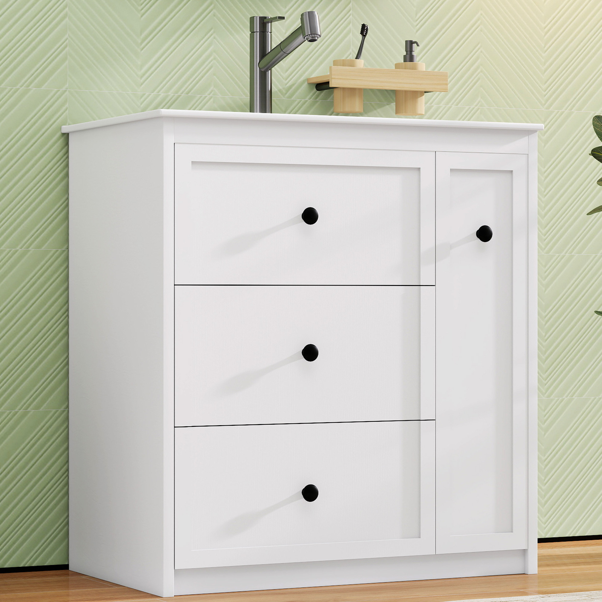 Waschbeckenunterschrank Mit Keramikbecken, 76 X 46 X 82 Cm, 4 Schubladen, Weiß Havrya