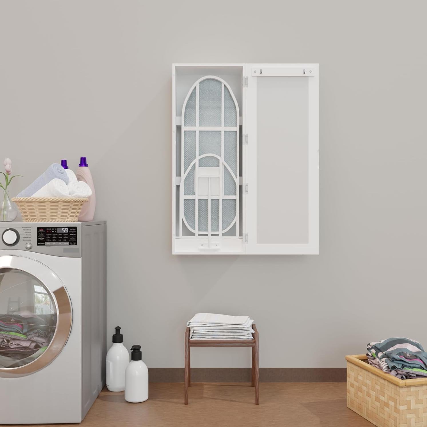Wandklappbügelbrett Mit Aufbewahrungsschrank Und Spiegel, Mdf Weiß 95,5 X 35,5 X 21 Cm Havrya