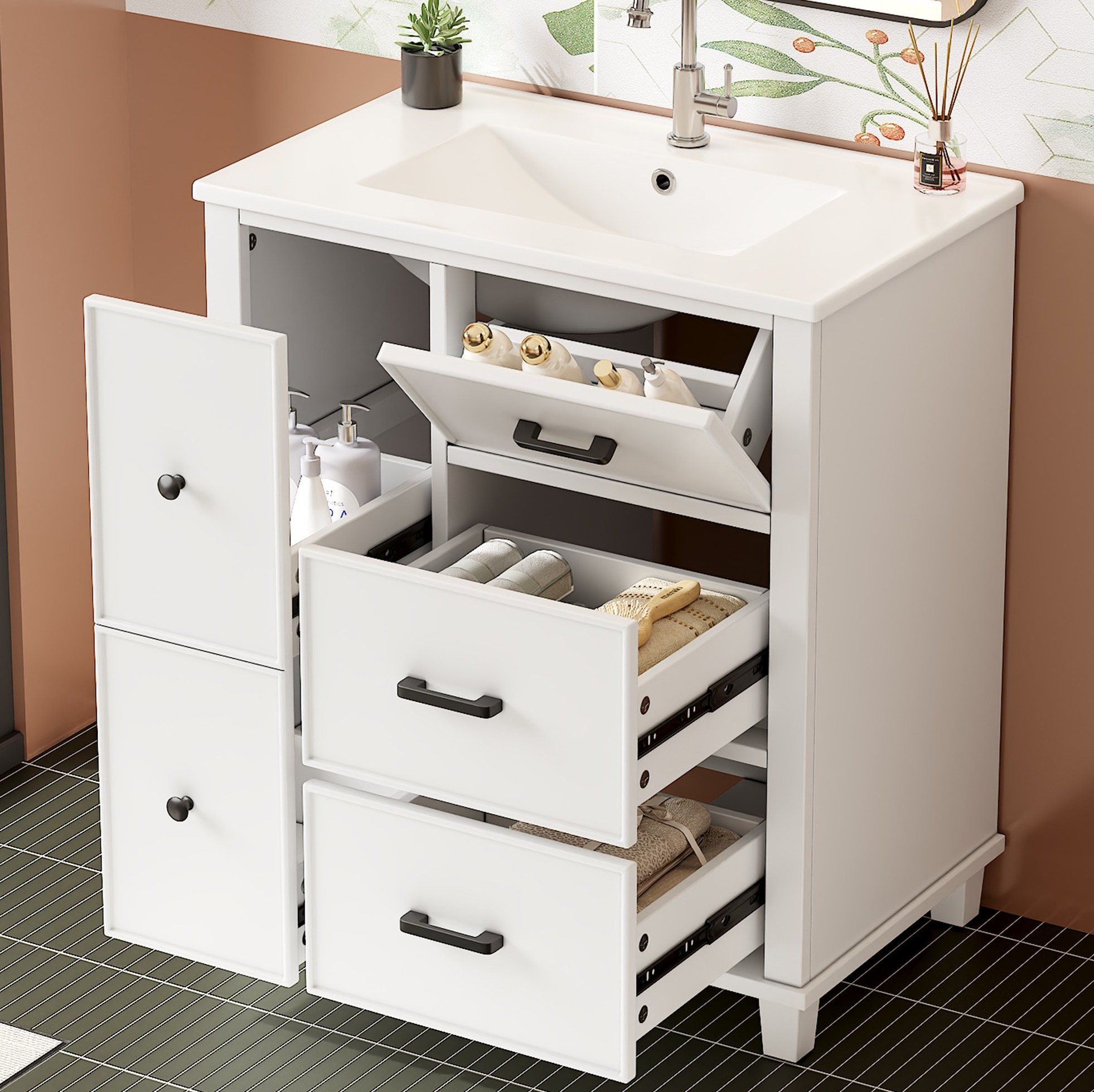 Badmöbel Mit Waschtisch 76,5 X 47 X 83,5 Cm, 4 Schubladen, Mdf Und Keramik Weiß Havrya