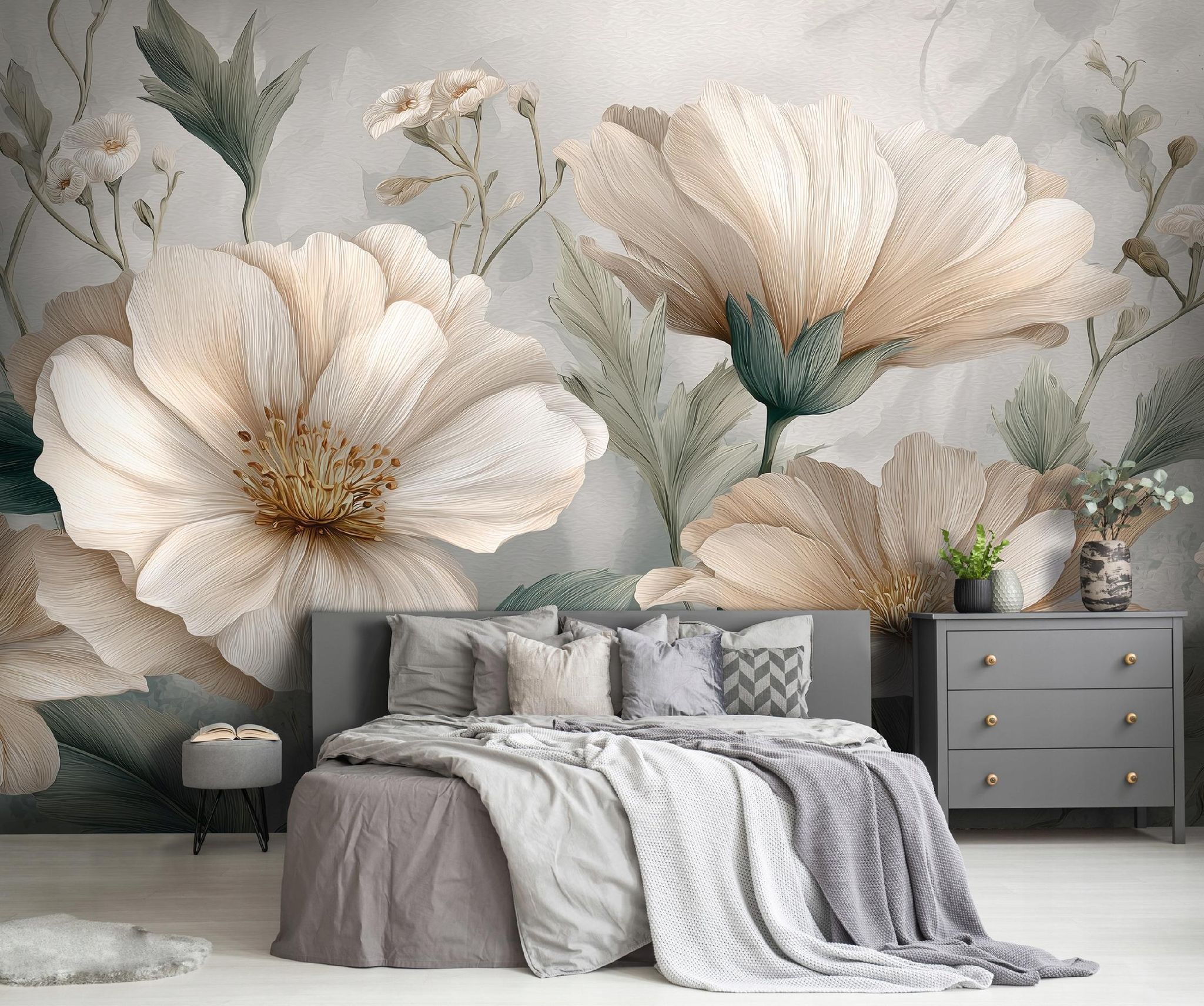 Fototapete Blumen Abstrakt Beton, Für Wohnzimmer Und Schlafzimmer, 200 X 140 Cm – Komplettset Inkl. Kleister & Anleitung