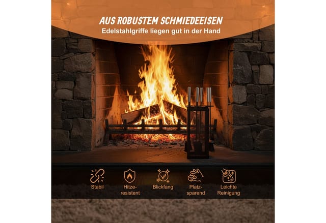 Relaxdays Kaminbesteck, 5-tlg. Set, Schürhaken, Ascheschaufel, Besen, Zange & Ständer, Ofengarnitur, schwarz/silber