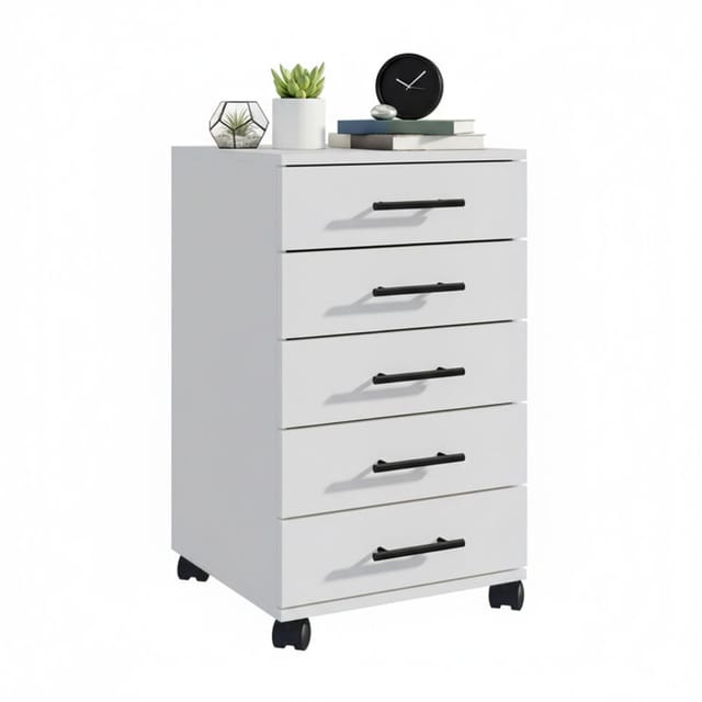 Relaxdays Rollcontainer, 5 Schubladen, HxBxT: 69 x 40 x 40 cm, Aktenschrank auf Rollen, Bürocontainer Schreibtisch, weiß