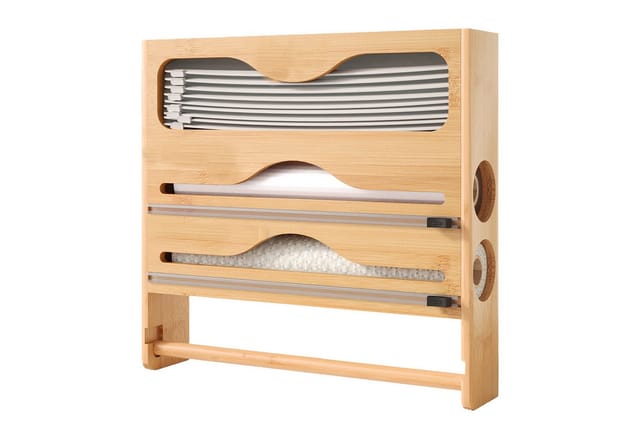 Relaxdays Wandrollenhalter 4 in 1, Küchenrolle, Frischhalte-, Alufolie, Gefrierbeutel, Bambus, HBT: 33x34,5x7 cm, natur