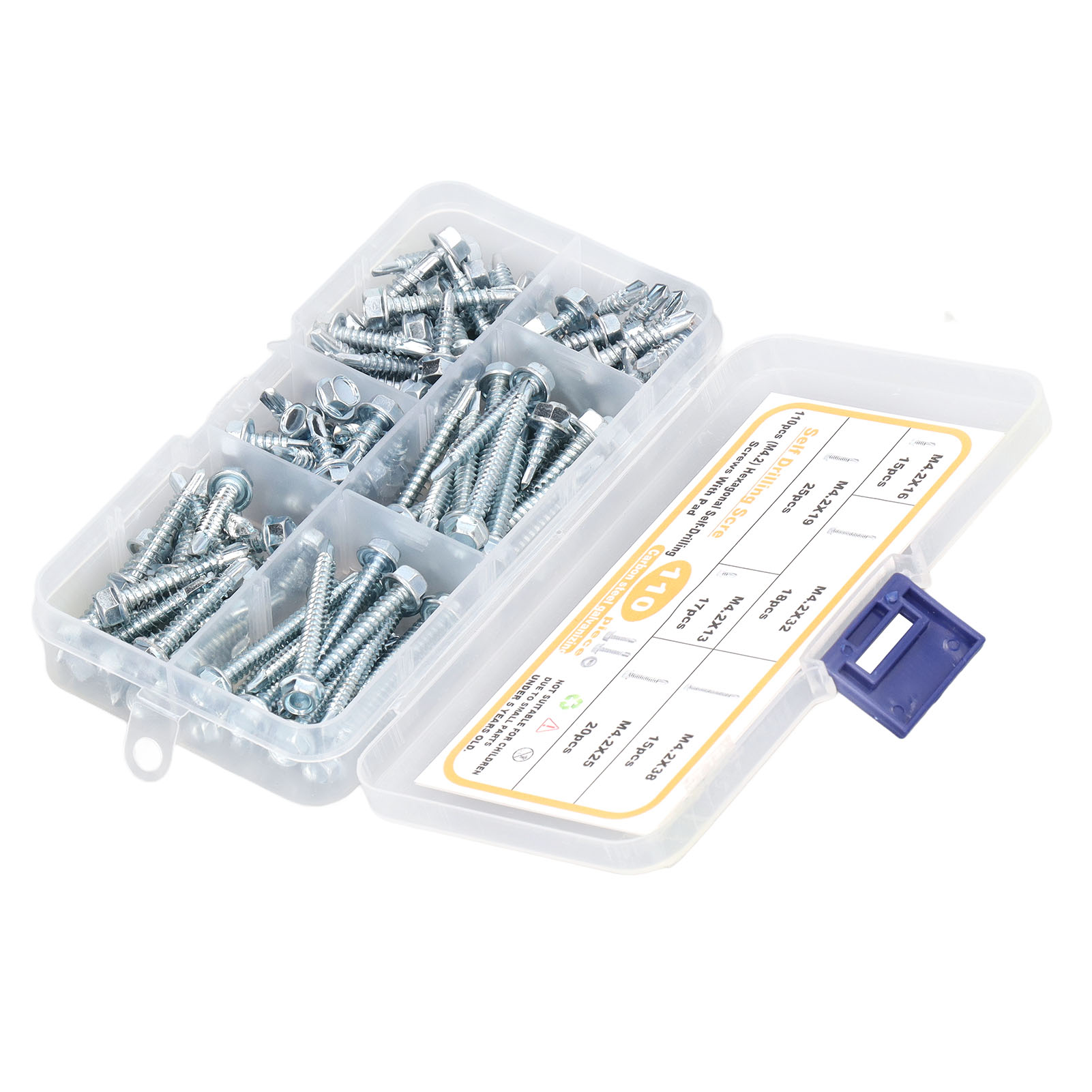 Kit De 110 Vis Autoperceuses À Tête Hexagonale Avec Rondelle M4.2, Assortiment De 6 Tailles.