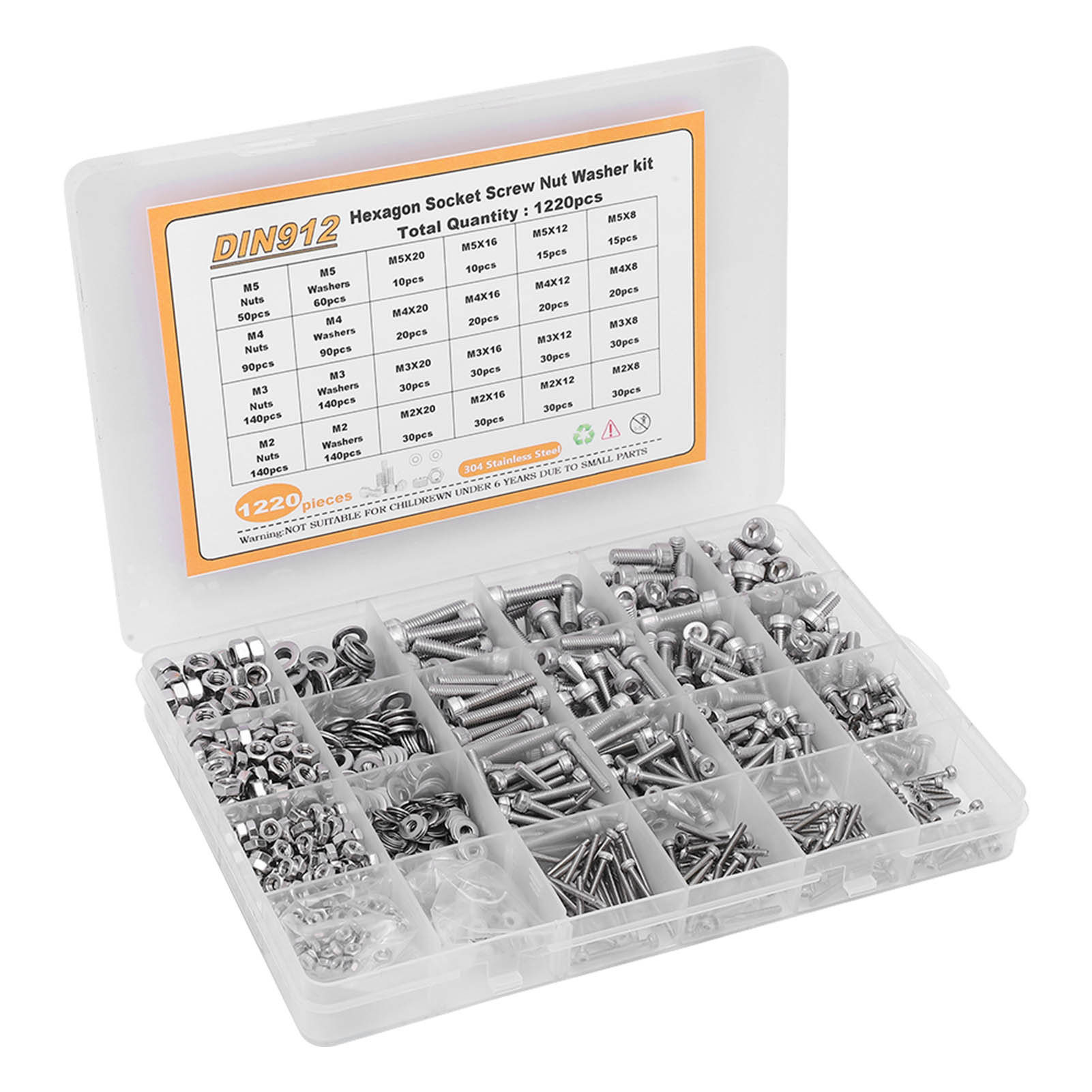 Assortiment De 1220 Vis, Écrous Et Rondelles M2, M3, M4 Et M5 À Tête Ronde Et Six Pans Creux En Acier Inoxydable