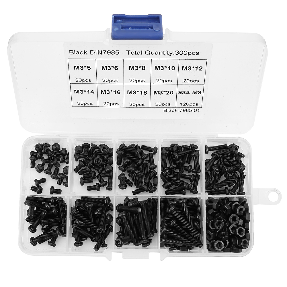 Kit D'Assortiment De 300 Vis, Boulons Et Écrous À Tête Cylindrique Cruciforme En Acier Au Carbone Noir M3