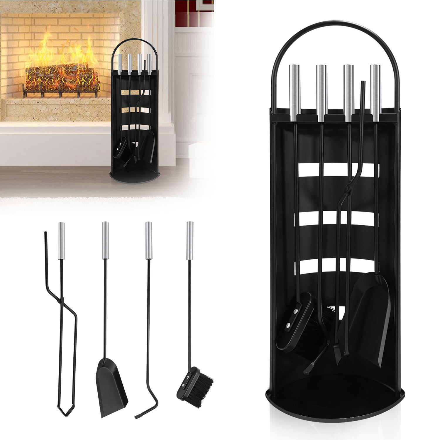 Jiubiaz Kaminbesteck 5-teilig Kaminzubehör Mit Sichtschutz, Besen, Zange, Ascheschaufel Und Schürhaken, Metall Schwarz/silber Für Kamin