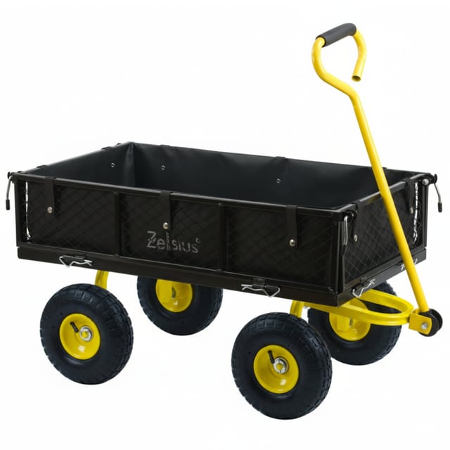 Zelsius Bollerwagen, 350 kg Tragkraft, 75 Liter, Schwarz/Gelb, Handwagen Luftbereift, Transportwagen