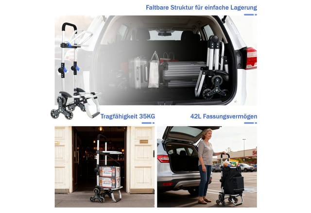 Sekey Aluminium 3 in 1 Treppensteiger Einkaufstrolley, Trolly Einkaufswagen Klappbar mit Kühlfach, 6 Räder, Schwarz