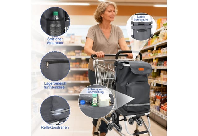 Sekey Aluminium 3 in 1 Treppensteiger Einkaufstrolley, Trolly Einkaufswagen Klappbar mit Kühlfach, 6 Räder, Grau