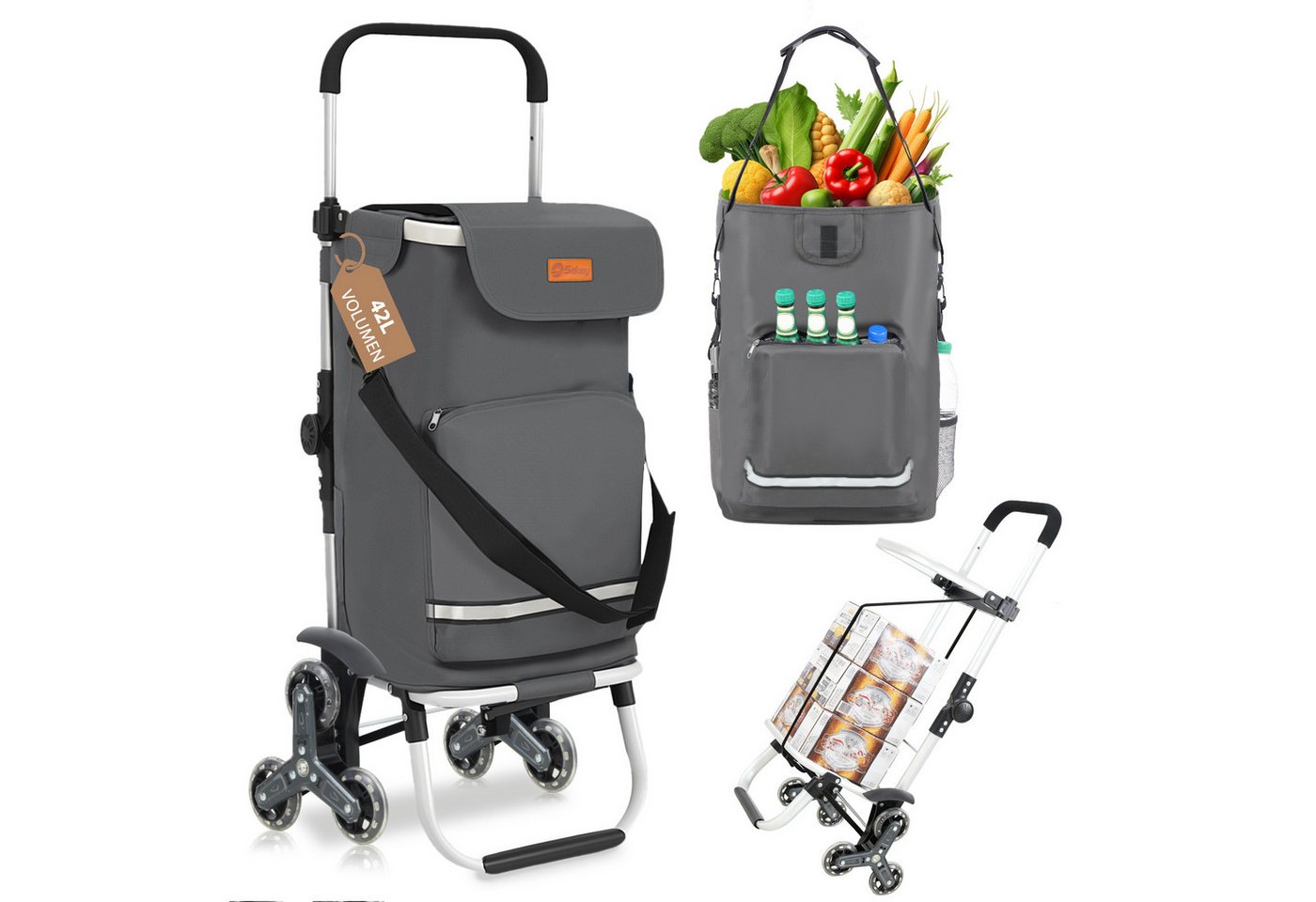 Sekey Aluminium 3 in 1 Treppensteiger Einkaufstrolley, Trolly Einkaufswagen Klappbar mit Kühlfach, 6 Räder, Grau Bild 2