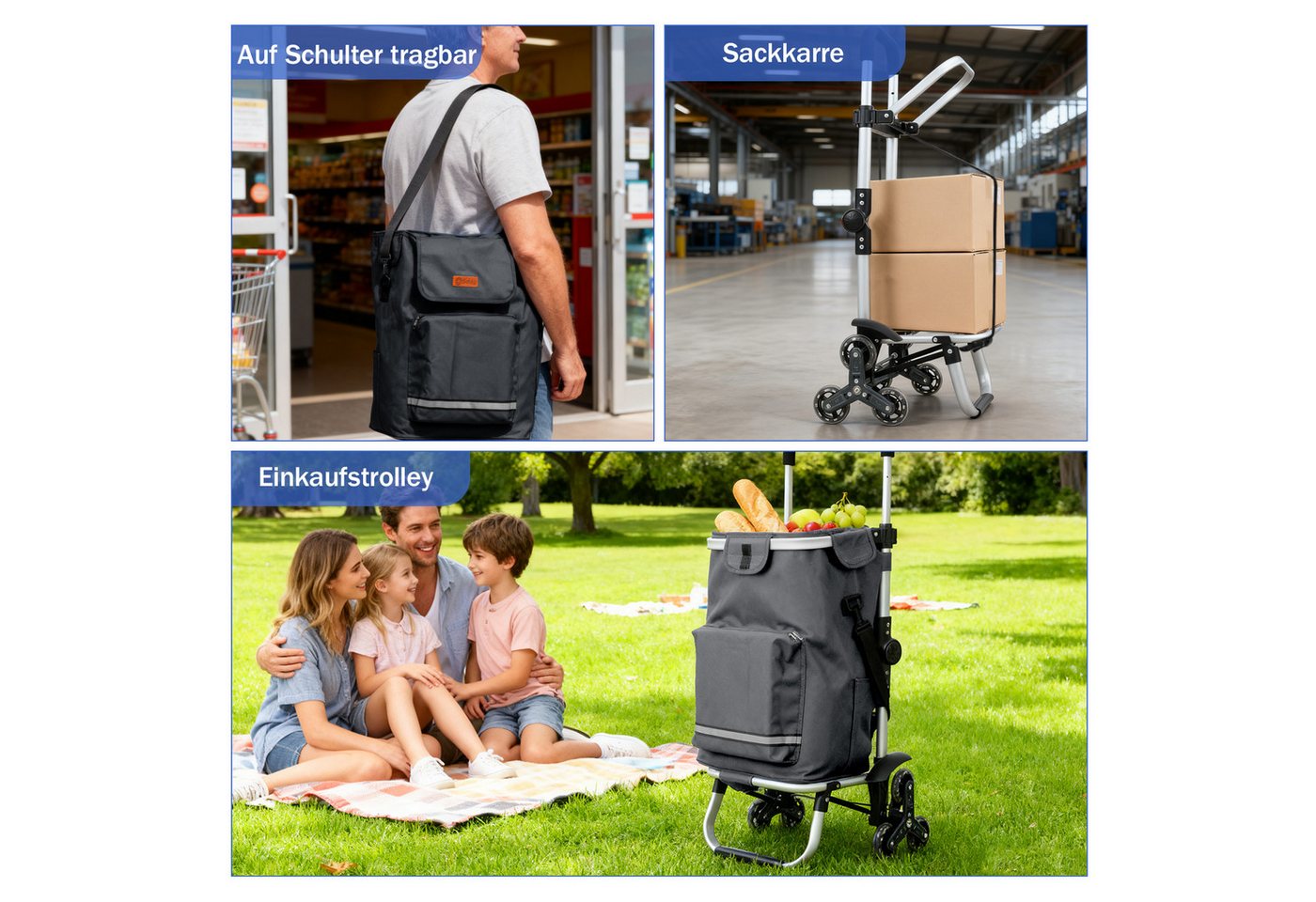 Sekey Aluminium 3 in 1 Treppensteiger Einkaufstrolley, Trolly Einkaufswagen Klappbar mit Kühlfach, 6 Räder, Grau Bild 3