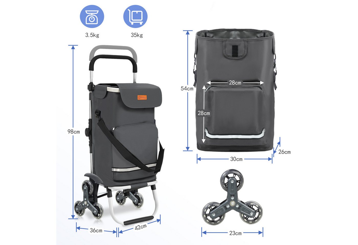 Sekey Aluminium 3 in 1 Treppensteiger Einkaufstrolley, Trolly Einkaufswagen Klappbar mit Kühlfach, 6 Räder, Grau Bild 4