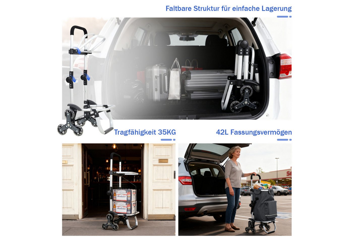 Sekey Aluminium 3 in 1 Treppensteiger Einkaufstrolley, Trolly Einkaufswagen Klappbar mit Kühlfach, 6 Räder, Grau Bild 5