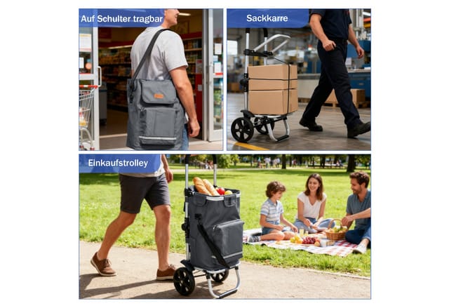 Sekey 3-in-1 Einkaufstrolley Klappbar, Abnehmbare Tasche 42l, Alu Einkaufswagen Mit Rollen, Mit Kühlfach Und Spanngurt, Grau