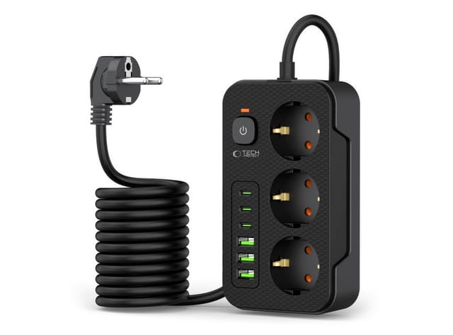 Tech-Protect Steckdosenleiste mit 3 Steckdosen, 240 V, 3x USB-A, 3x USB-C, 200 cm