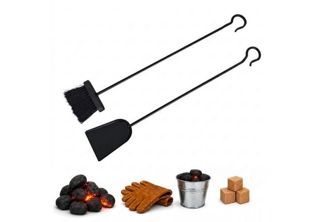 Relaxdays Kamin Kehrset, 2-tlg, Ascheschaufel & Aschebesen, Kaminpflege, zum Aufhängen, Ofenzubehör, Eisen, schwarz