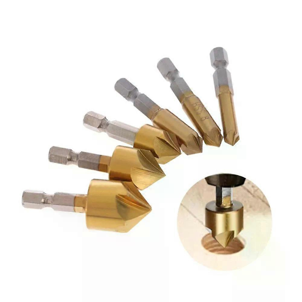6-teiliges Set Sechskantgriff-titan-beschichtetes Fasenmesser Senkbohrer 6-19 Mm Hss Entgratungsmesser Holzbearbeitungs-punktierwerkzeug-jxlgv
