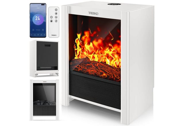 Tresko® Elektrokamin Mit Heizung & Fernbedienung 2000w, Wifi App Kamin Elektrisch Led-flammeneffekt & Lcd-display Kaminfeuer Mit Thermostat, Timer Elektro Kaminofen Standkamin Heizlüfter