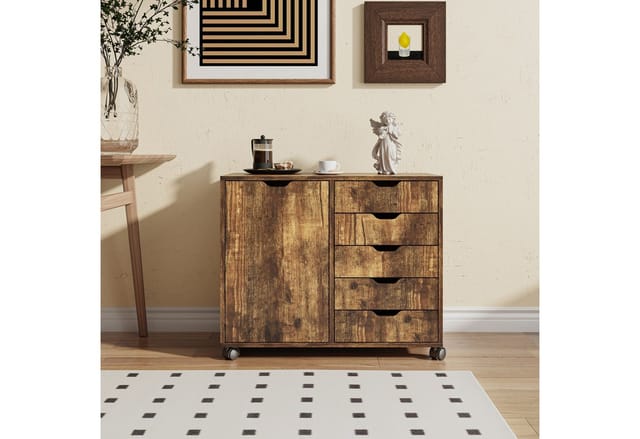 Relaxdays Rollcontainer, 5 Schubladen & 2 Fächer, HBT: 65x78x40 cm, Büroschrank, Aktenschrank mit Rollen, Büro, braun