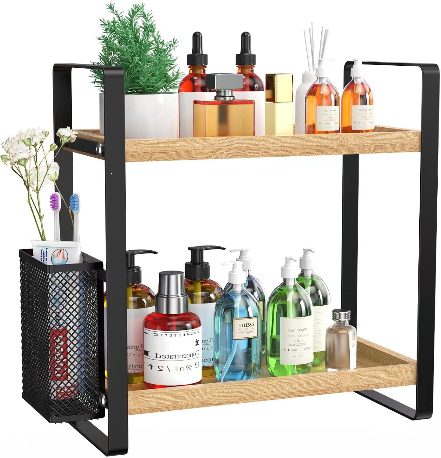 2-stöckiger Organizer Aus Holz Für Die Badezimmerablage Mit Korb, Wasserdichte Aufbewahrung Für Parfums Und Hautpflegeprodukte, Für Badezimmer, Küche, Kommode