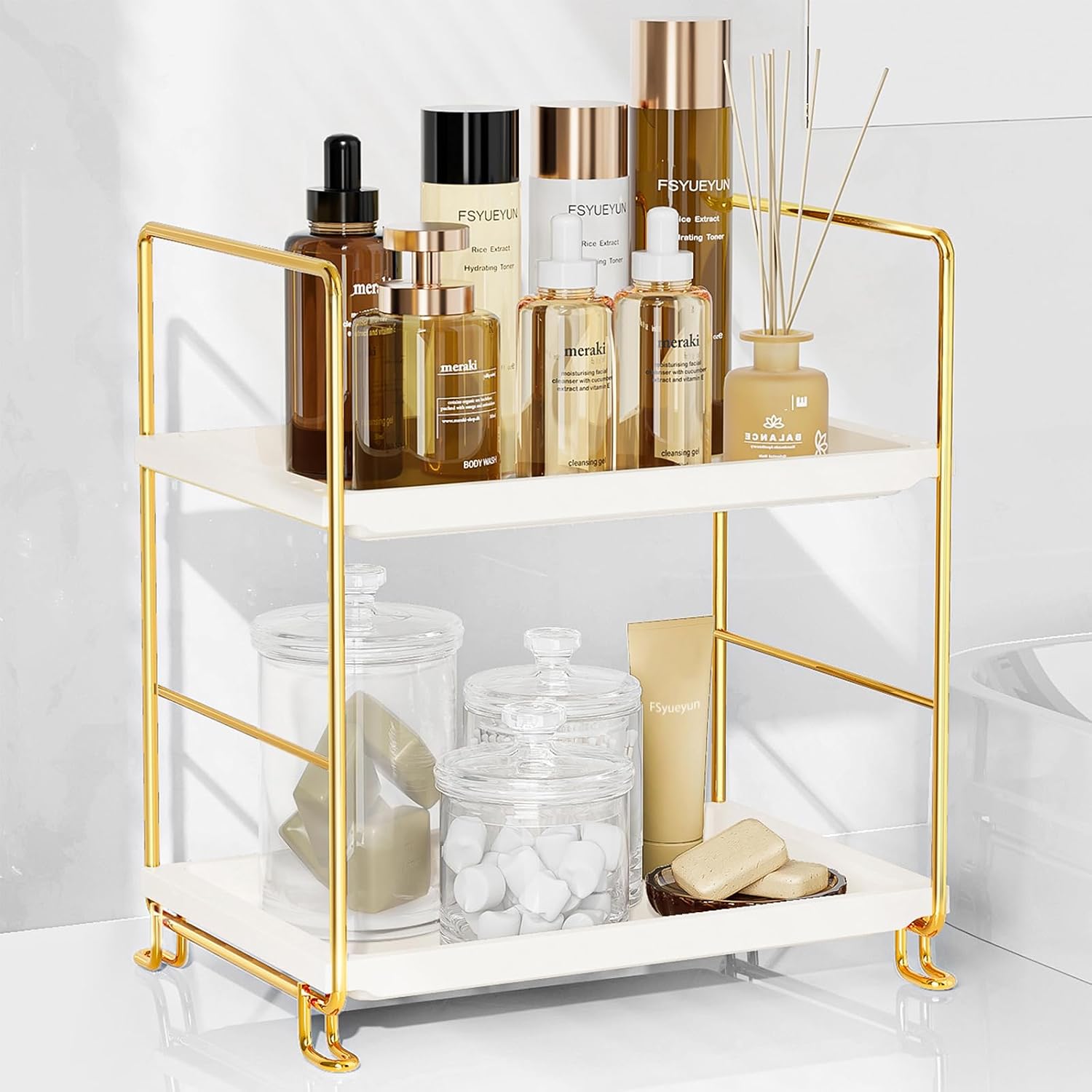 2-stöckiger Badezimmer-organizer, Schminktisch-organizer Goldfarbenes Metallgestell Mit Weißem Kunststoffregal, Werkzeuglose Montage, Ablagefach Für Hautpflegeprodukte, Parfums Und Kosmetik